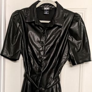 Black, faux leather, DKNY, belted shirt dress